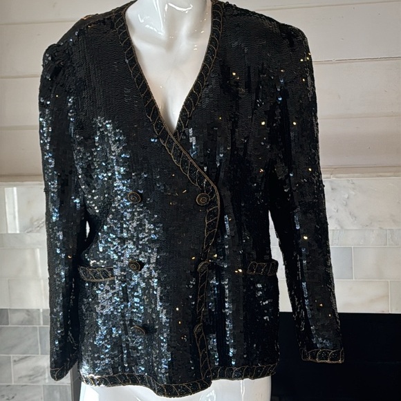 Vintage Crystal Evening Wear Double Breasted Black Sequin & Beaded Blazer Size S - Picture 10 of 11